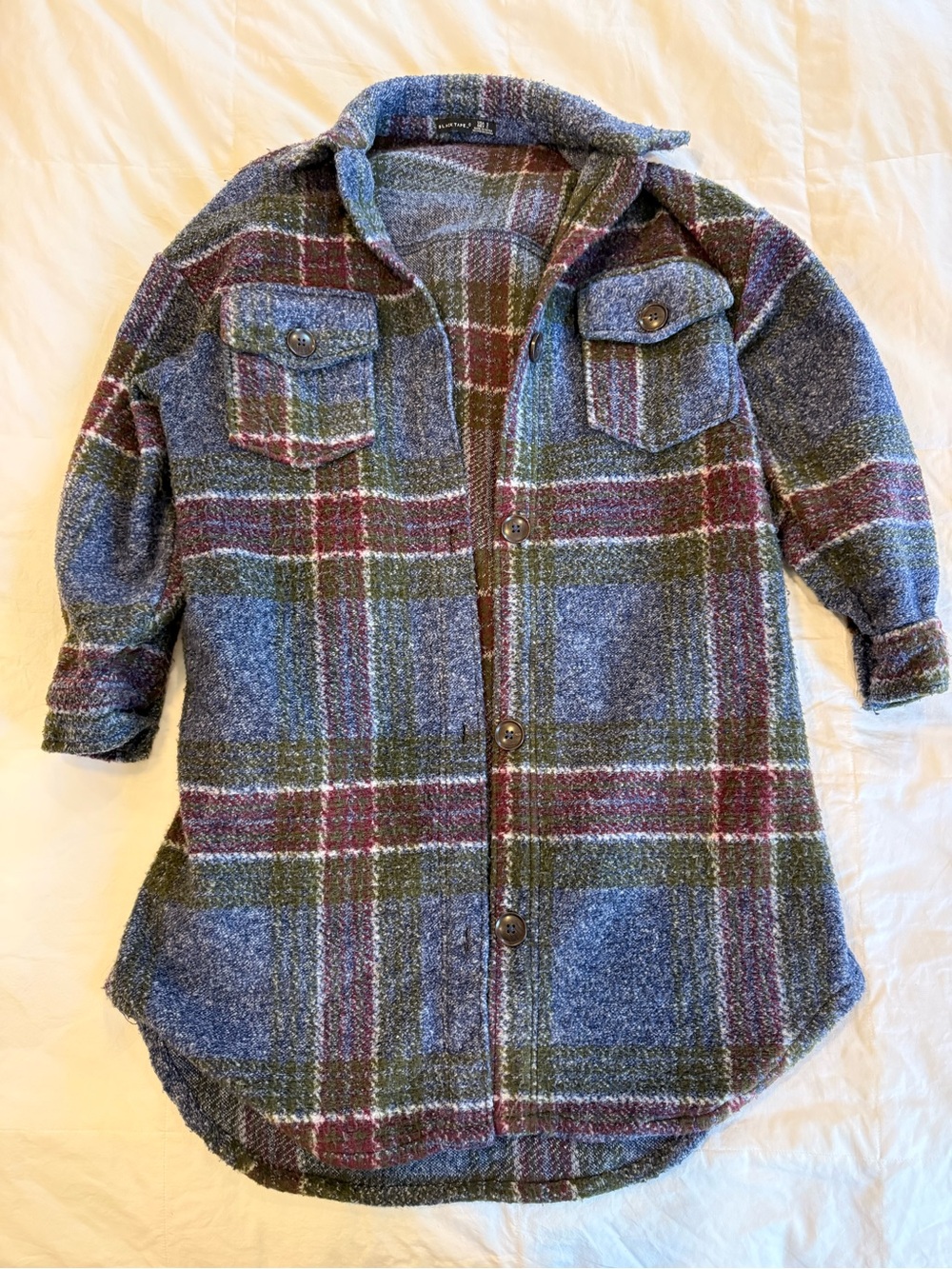 Black Tape_ Plaid Button-Up Shacket in Blue, Green & Burgundy